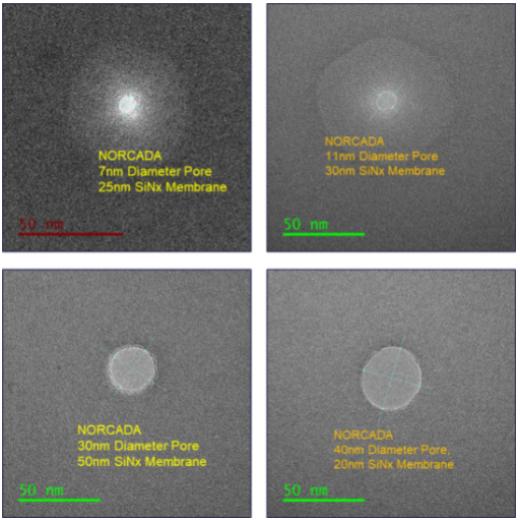 氮化硅窗口Nanopore系列（纳米孔），外框5*5mm,窗口0.01*0.01mm,孔径30-90nm,膜厚20nm,Norcada